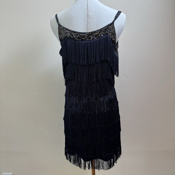 Vintage Forever 21 All Over Fringe + Sequin Mini Dress Black Size M - Picture 5 of 8